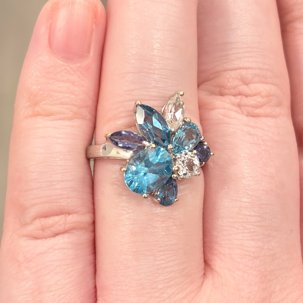Vintage 10K Blue Topaz Cluster Ring White Gold Abstract Oval Marquis Iolite 6.25 - Picture 5 of 16